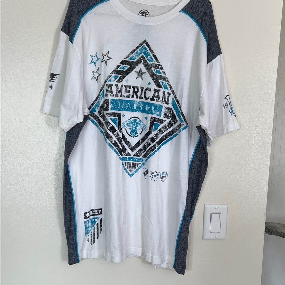 American Fighter White blue gray and Black Graphic Tee
